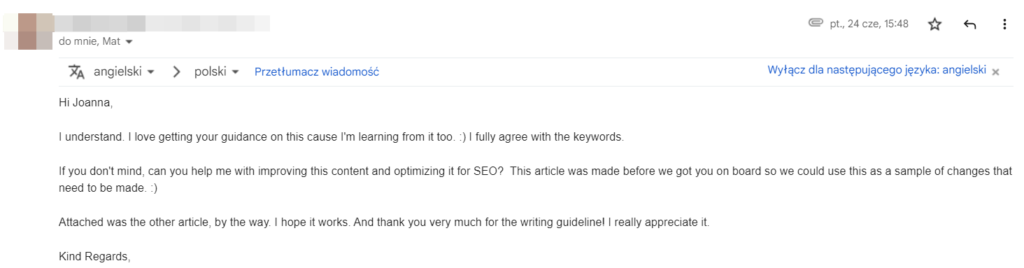 comment from satisfied client about content tips from delante specialist