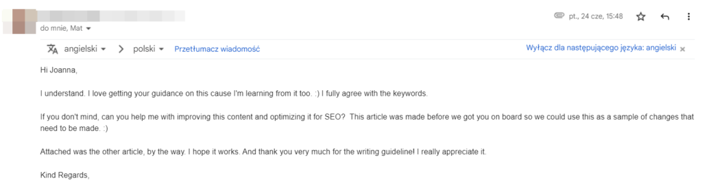 comment from satisfied client about content tips from delante specialist 