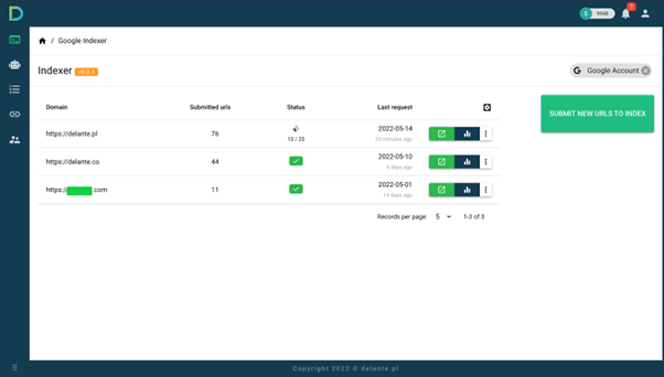 delante indexing API tool interface