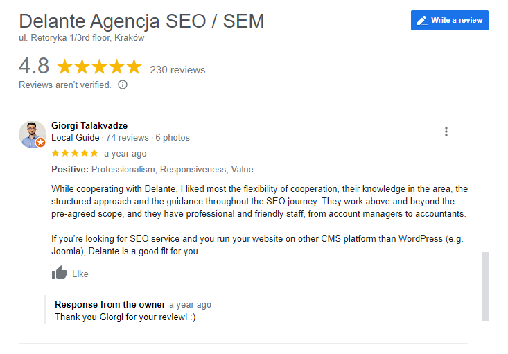 a client review on Google