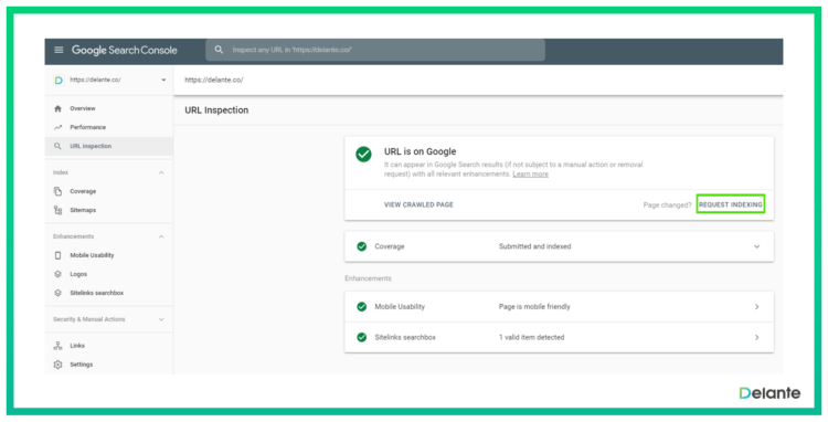 Google indexing request in google search console