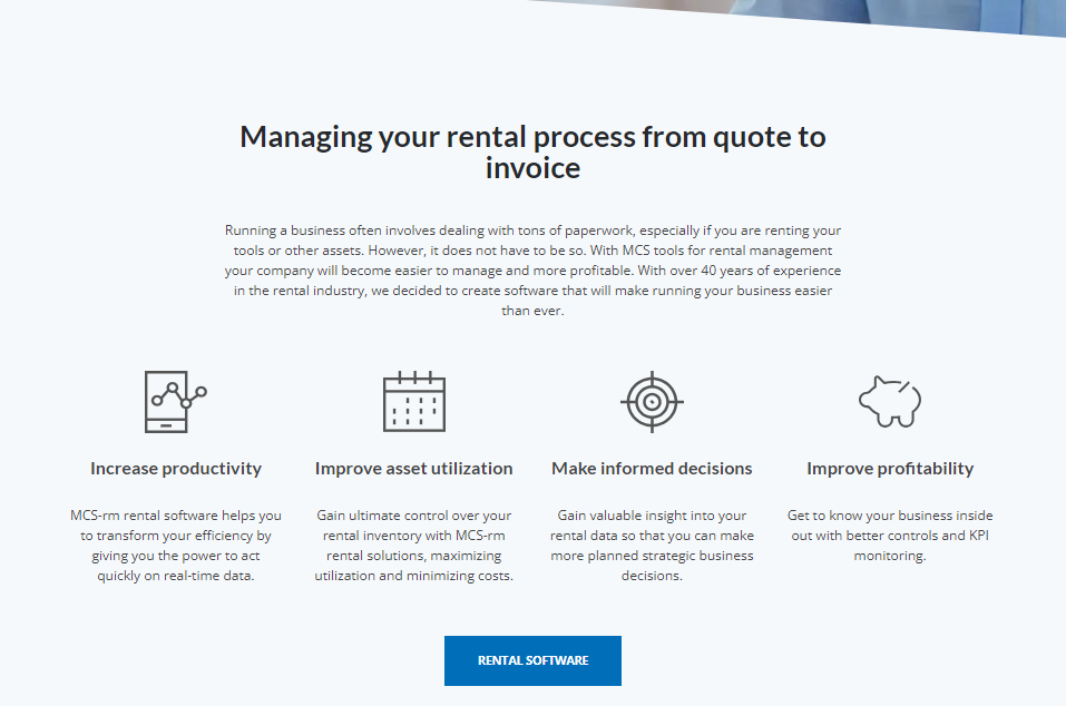 content on the main page mcs rental software