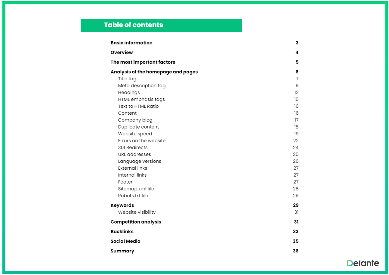example of seo audit table of content