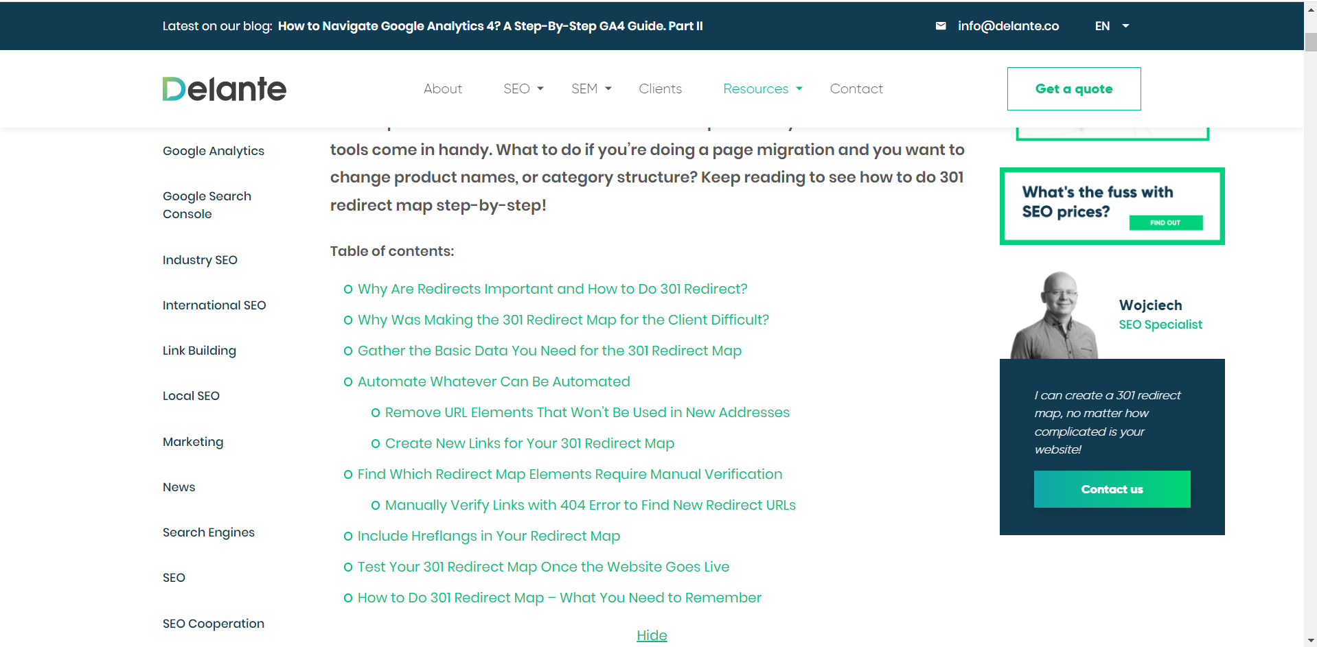 website content optimization table of content