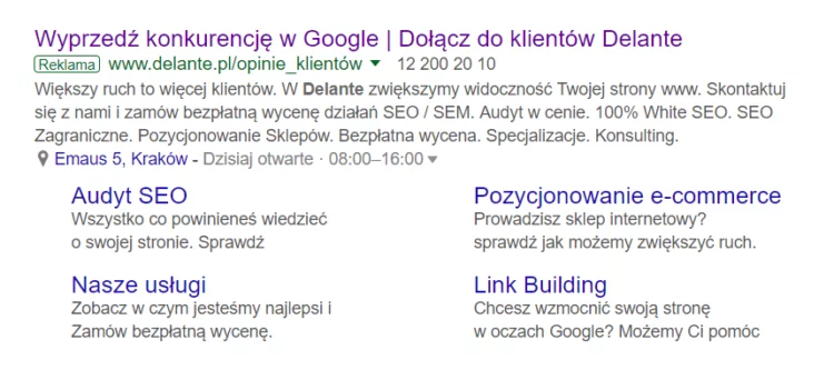 Extensions in serp - how do they look like?